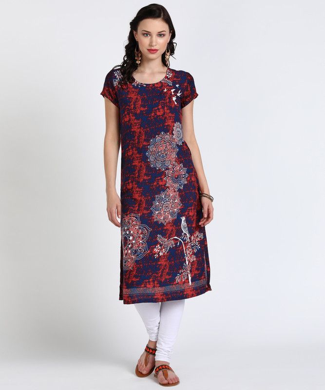 Women Printed Viscose Rayon Straight Kurta  (Red, Blue)