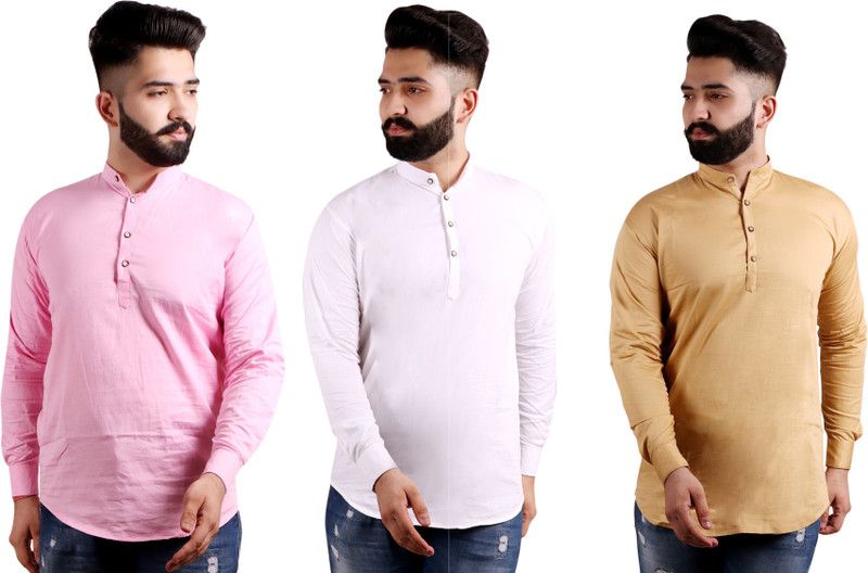 Pack of 3 Men Solid Pure Cotton Straight Kurta  (White, Brown, Pink)