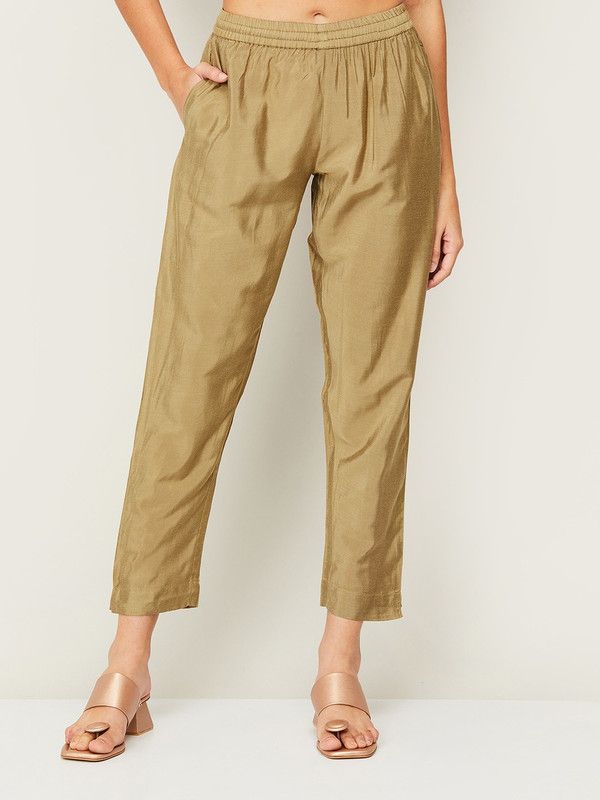 Women Regular Fit Gold Polycotton Trousers