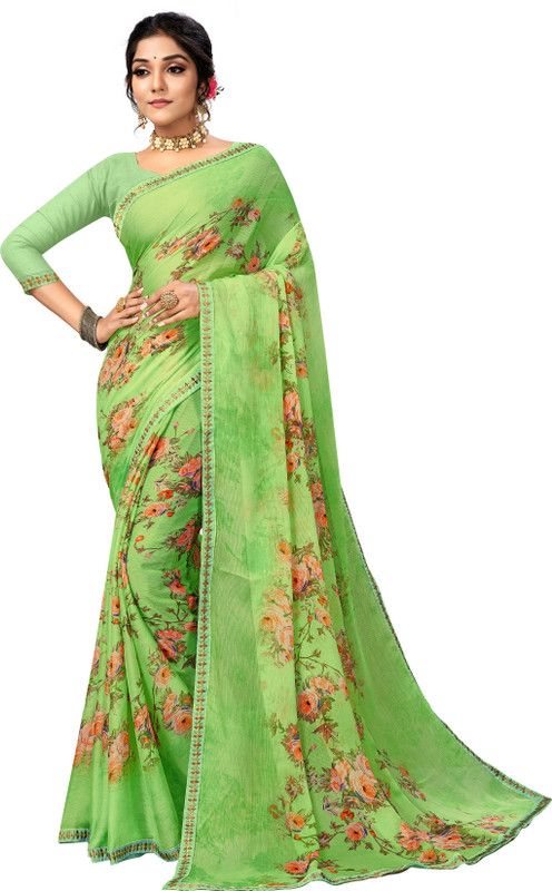 Floral Print Daily Wear Chiffon Saree  (Green)