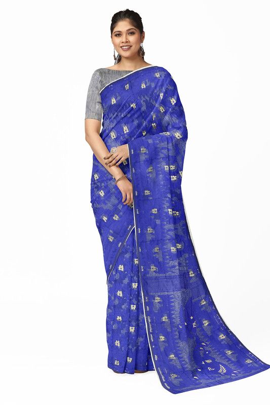 Embroidered Jamdani Cotton Blend Saree  (Blue)