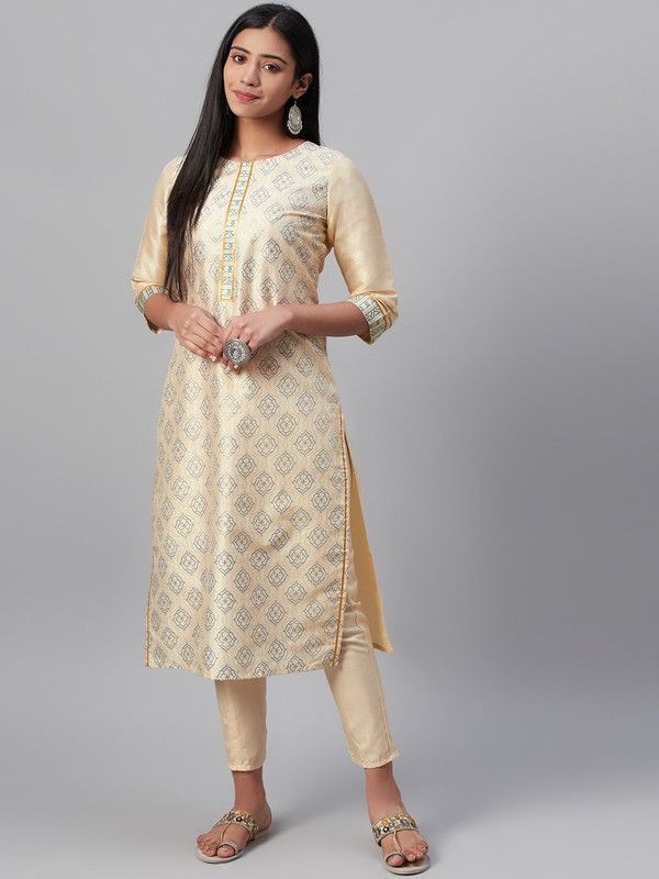 Women Printed Silk Blend Straight Kurta  (Beige)