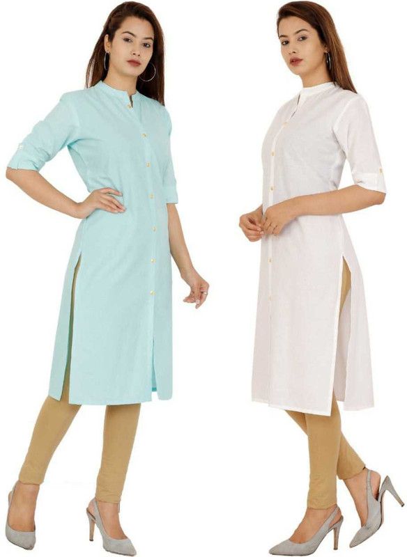 Pack of 2 Women Solid Pure Cotton Straight Kurta  (White, Blue)