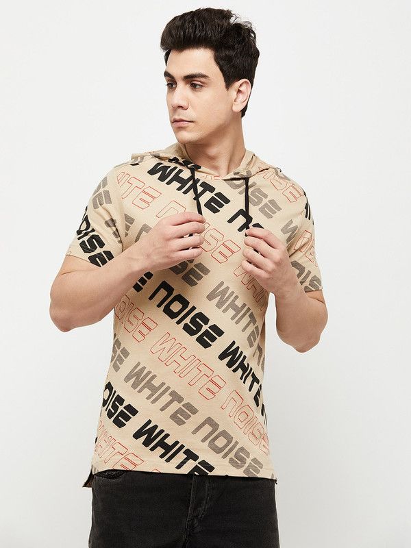 Men Printed Hooded Neck Pure Cotton Grey T-Shirt