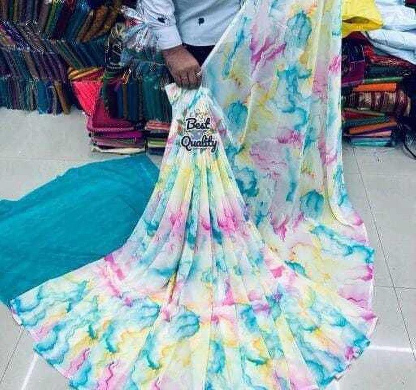 Printed Banarasi Georgette Saree  (Light Blue)