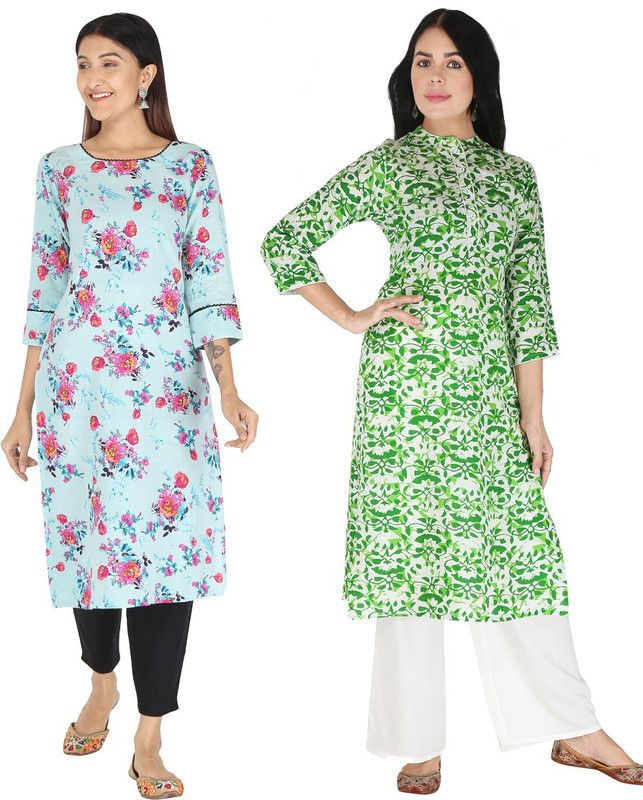 Pack of 2 Women Floral Print Viscose Rayon Straight Kurta  (Green, Blue)