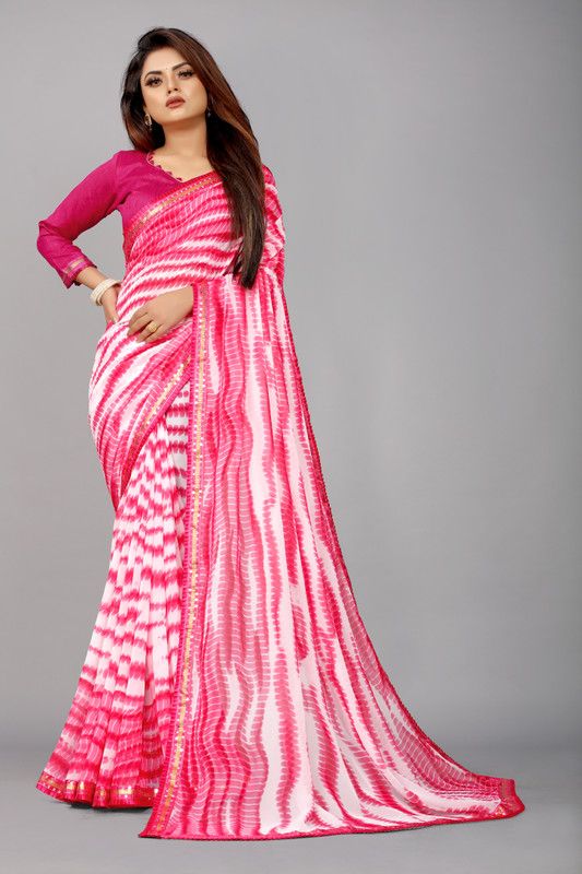 Printed Leheria Georgette, Chiffon Saree  (White, Pink)