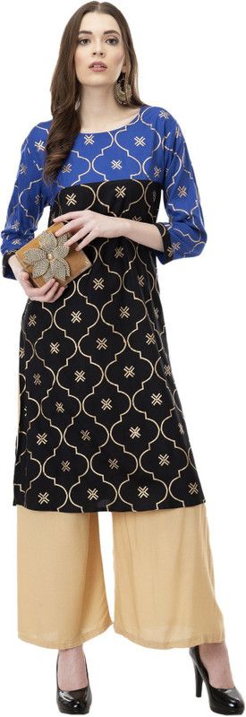 Women Block Print Viscose Rayon Straight Kurta  (Black)