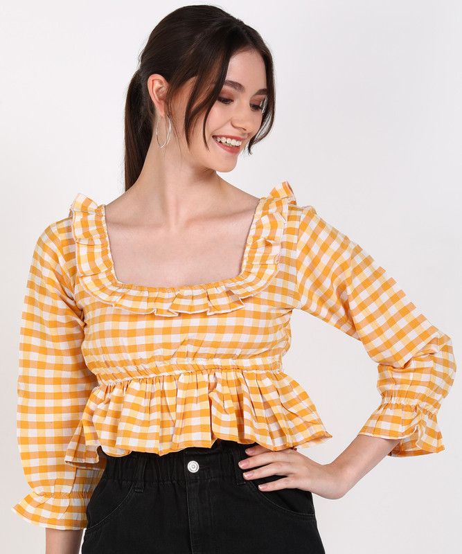 Casual Flared Sleeves Checkered Women Yellow Top