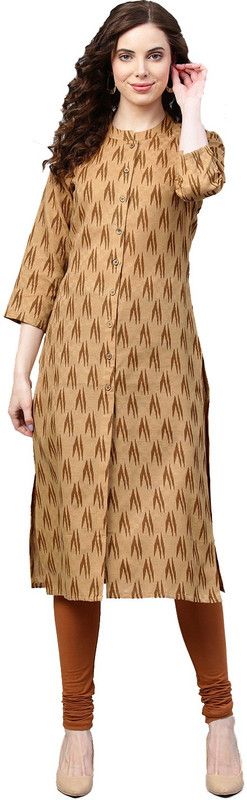 Women Ikat Cotton Blend Frontslit Kurta  (Brown)