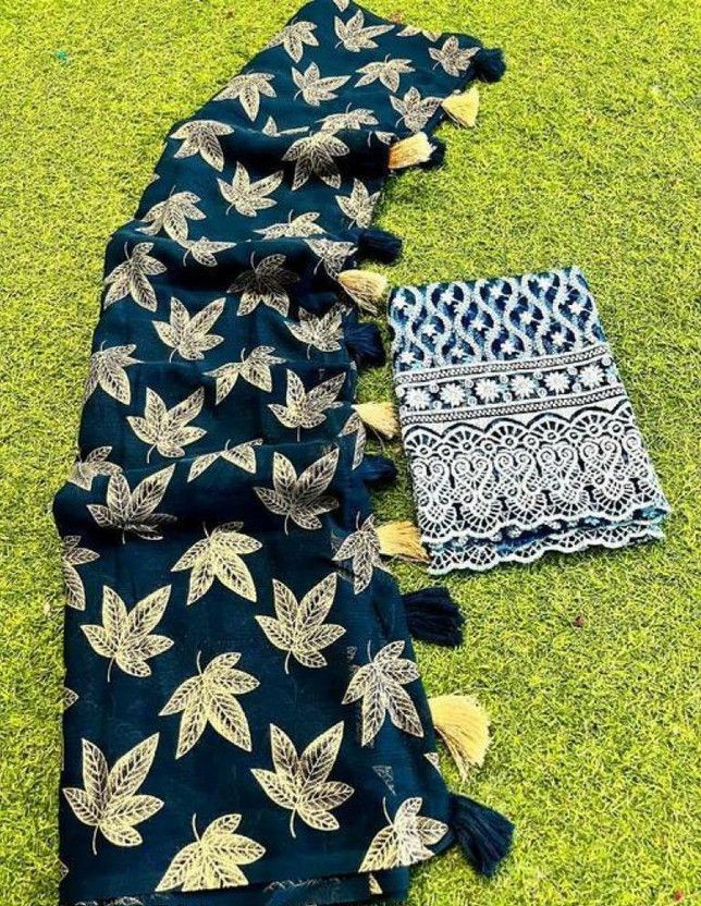 Floral Print Bollywood Chiffon Saree  (Dark Green)
