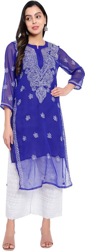 Pack of 2 Women Chikan Embroidery Georgette Straight Kurta  (Dark Blue)