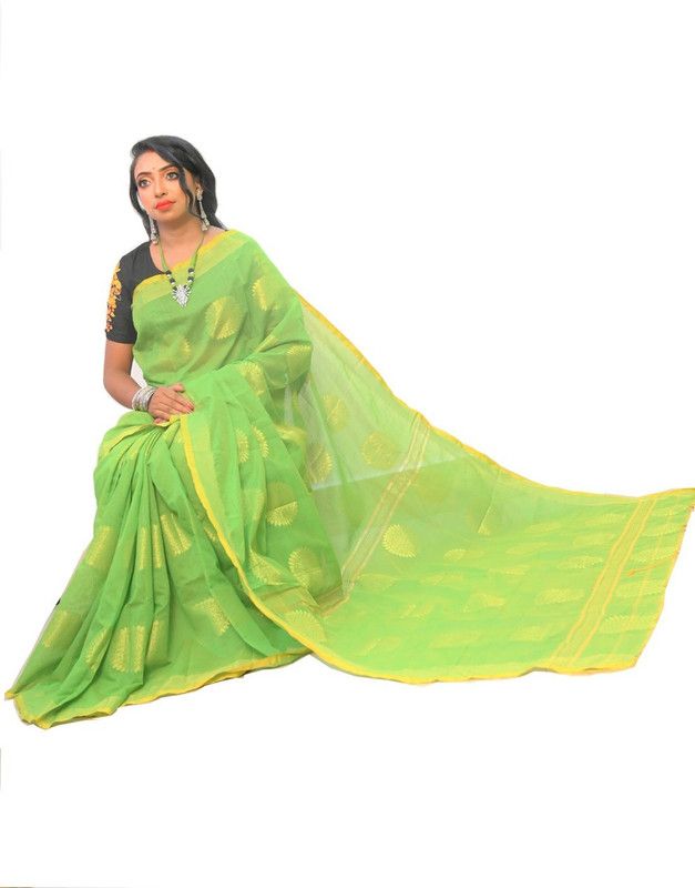 Woven Banarasi Handloom Cotton Silk Saree  (Green)