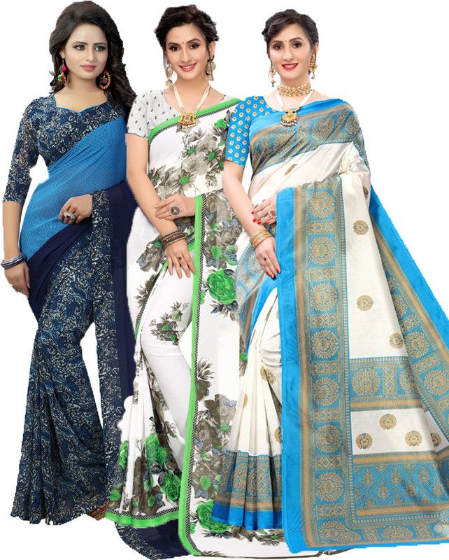 Printed Bollywood Georgette Saree  (Pack of 3, Blue, Green, Light Blue)