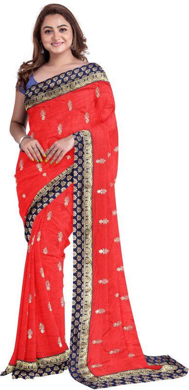 Embroidered Jamdani Silk Blend Saree  (Red)
