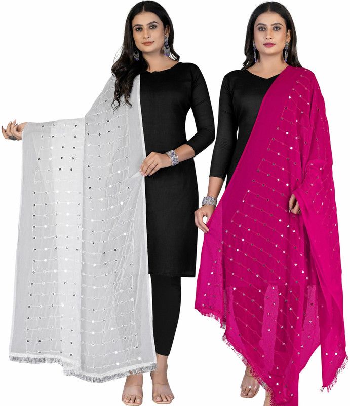 Chiffon Embroidered White, Pink Women Dupatta