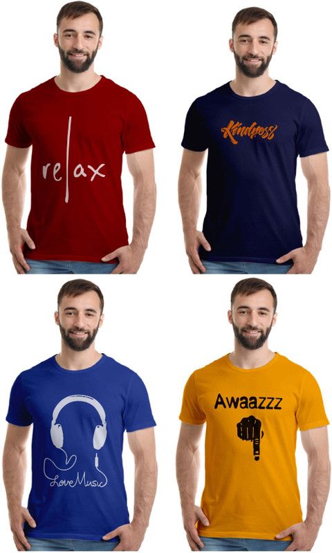Pack of 4 Men Printed Round Neck Pure Cotton Maroon, Dark Blue, Light Blue, Gold T-Shirt