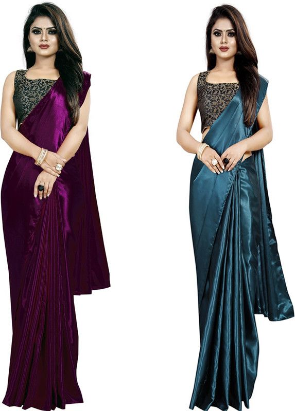 Solid/Plain Bollywood Satin Saree  (Pack of 2, Purple, Light Blue)