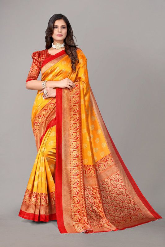 Printed Mysore Art Silk Saree  (Yellow, Red)
