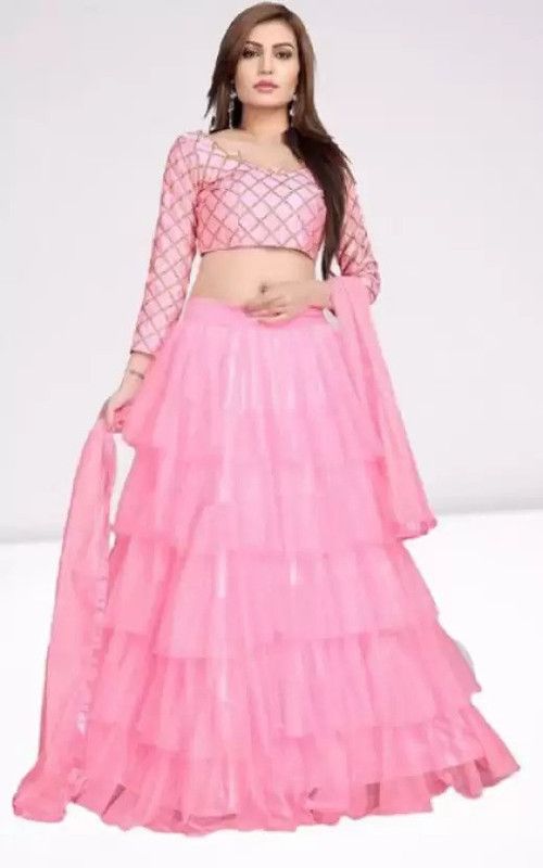 Solid Net Semi Stitched Flared/A-line Gown  (Pink)