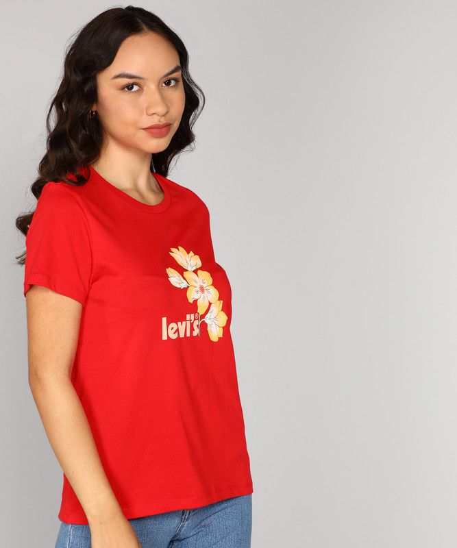 Women's Regular Fit Tee Women Printed Round Neck Pure Cotton Red T-Shirt