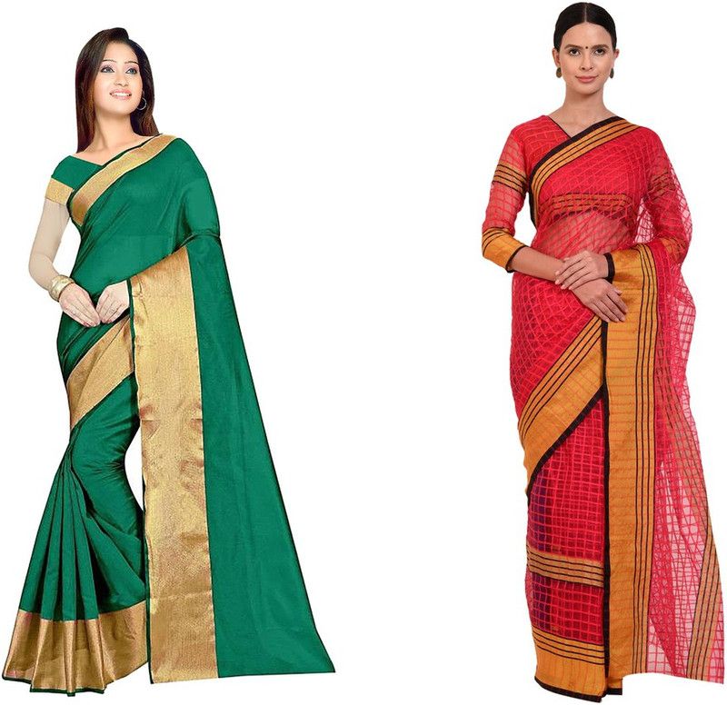 Geometric Print Daily Wear Cotton Silk Saree  (Pack of 2, Pink)