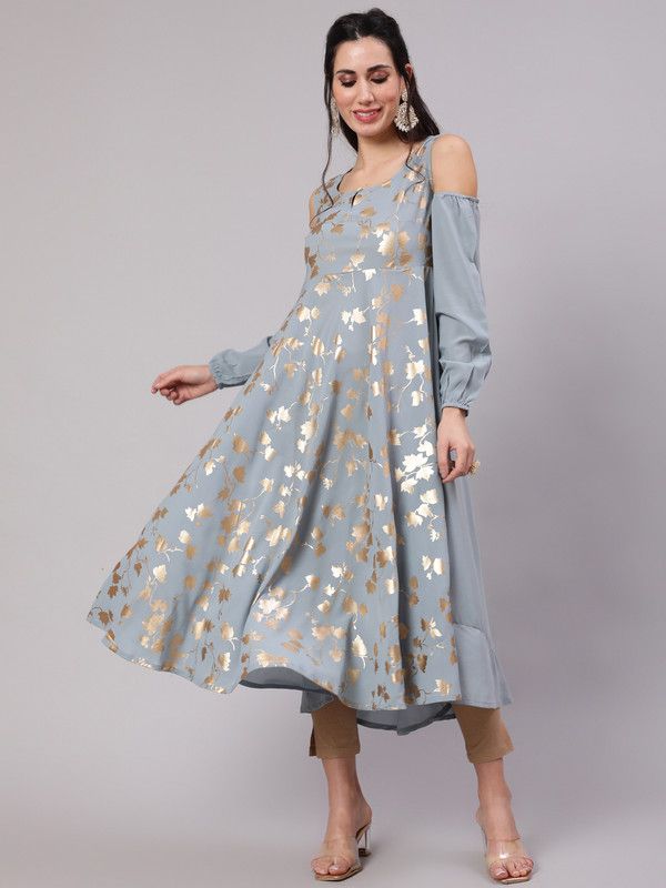 Women Floral Print Georgette Anarkali Kurta  (Grey, Gold)