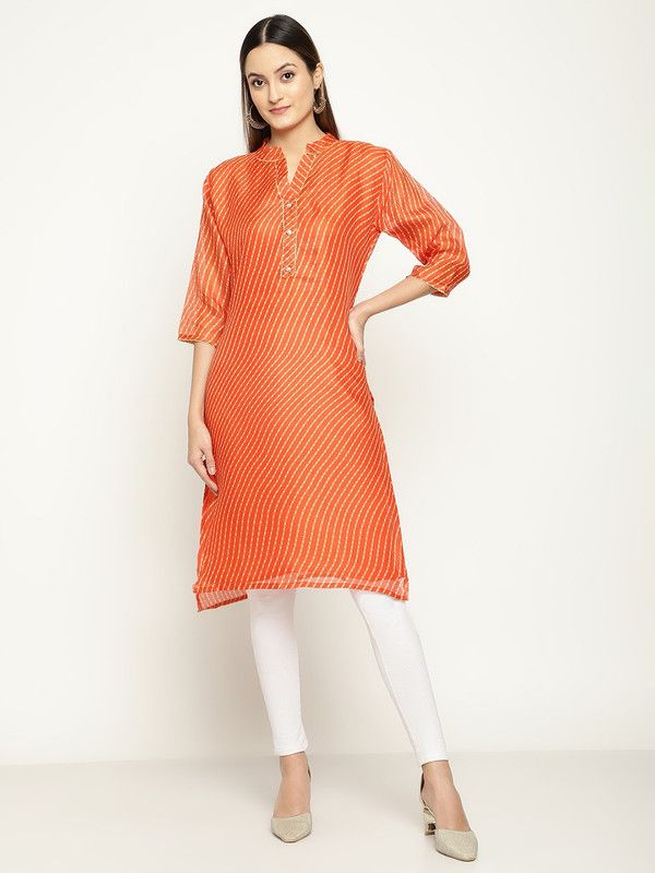 Women Striped Silk Blend Straight Kurta  (Orange)