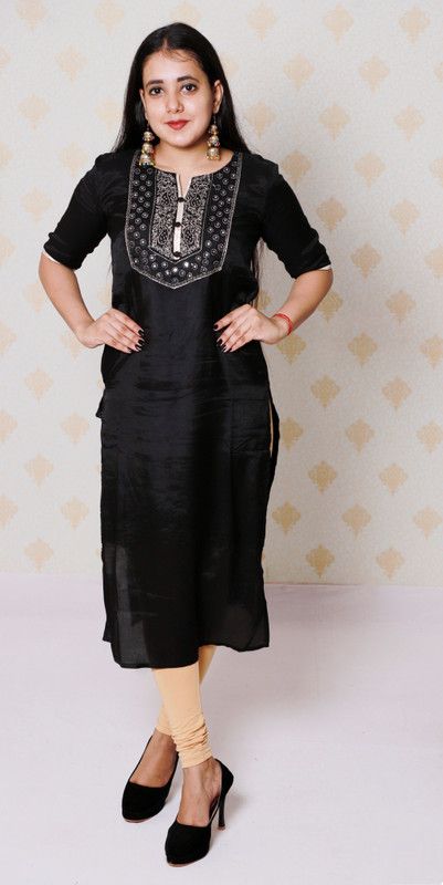 Women Embellished Silk Blend Straight Kurta  (Black)