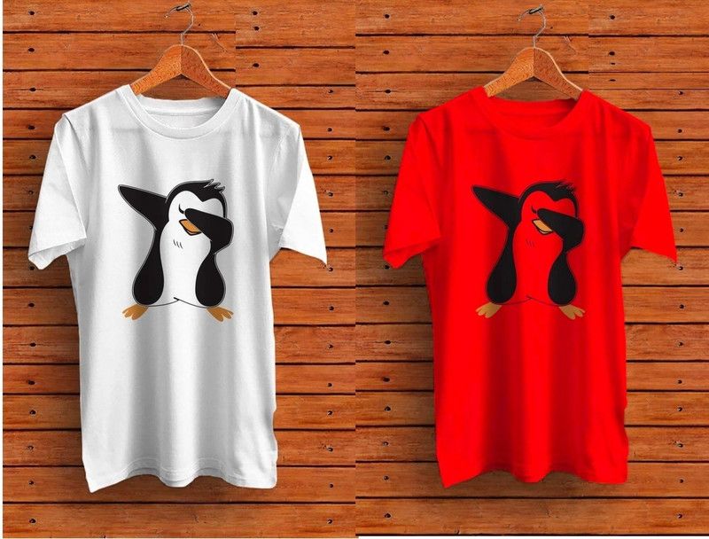 Pack of 2 Men Graphic Print Round Neck Poly Cotton Red, White T-Shirt