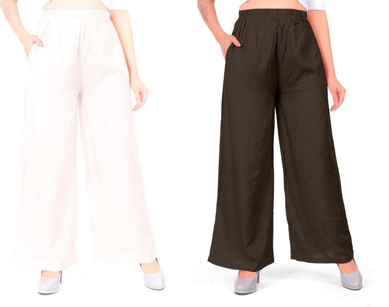 Pack of 2 Women Regular Fit Brown, White Viscose Rayon Trousers