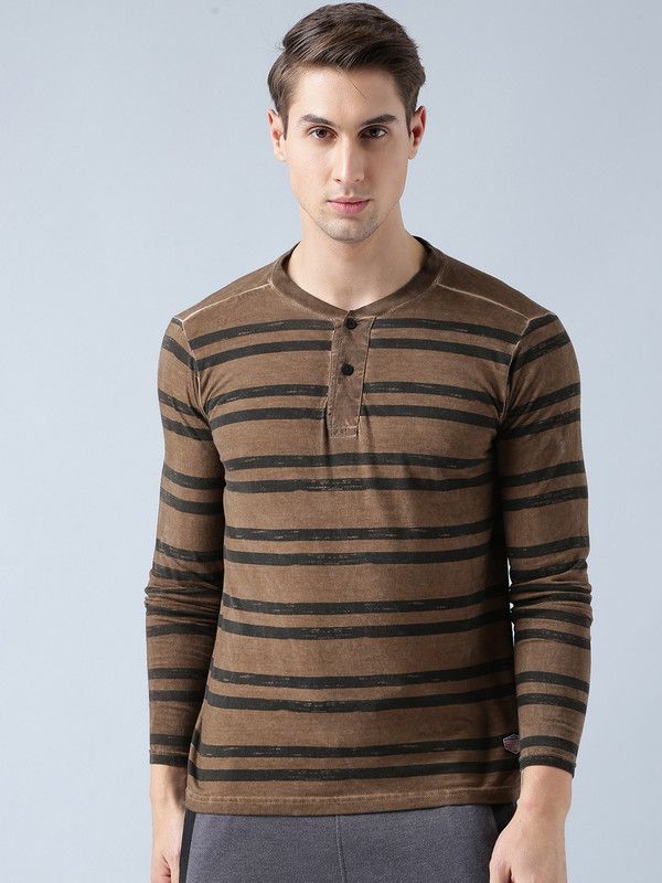 Men Striped Henley Neck Cotton Blend Brown T-Shirt