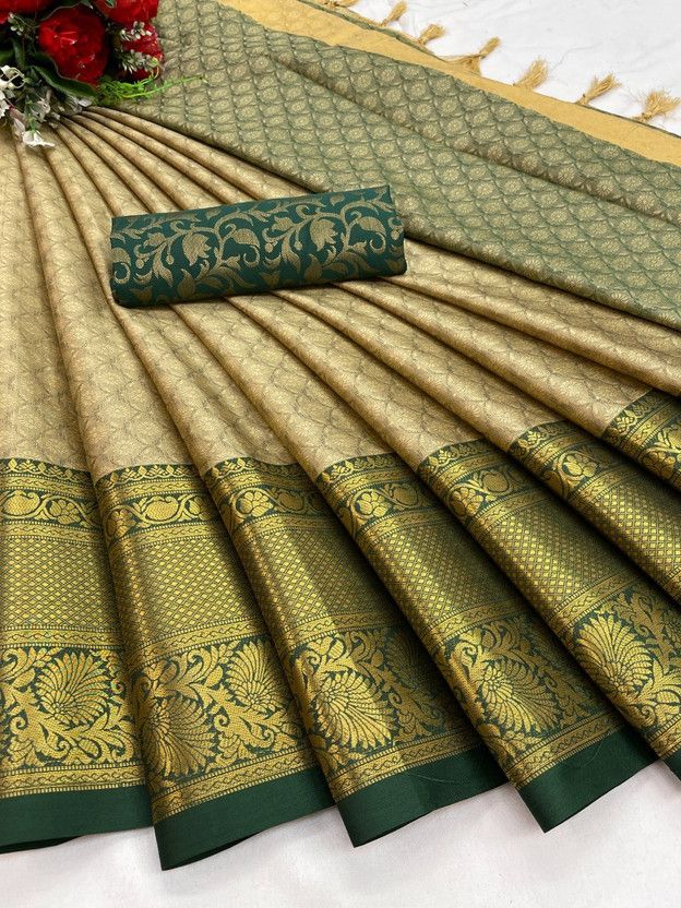 Printed Bollywood Jacquard, Cotton Silk Saree  (Green, Cream)