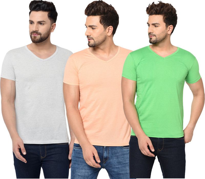Pack of 3 V neck Combo T-shirts Multicolor Men Solid V Neck Cotton Blend Green, White, Beige T-Shirt