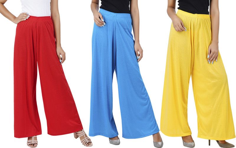 Pack of 3 Women Flared Red, Blue, Yellow Cotton Blend Trousers