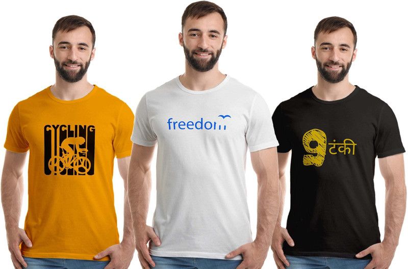 Pack of 3 Men Printed, Typography, Solid Round Neck Pure Cotton White, Gold, Black T-Shirt