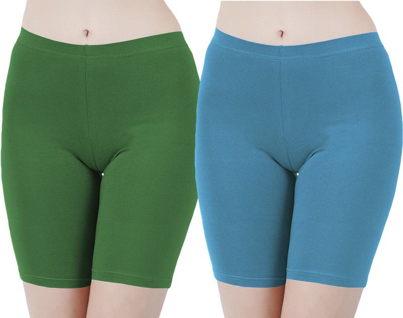 Pack of 2 Solid Women Green, Blue Cycling Shorts
