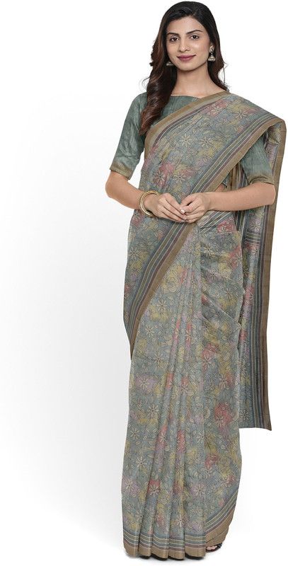 Animal Print Bhagalpuri Cotton Blend Saree  (Grey)