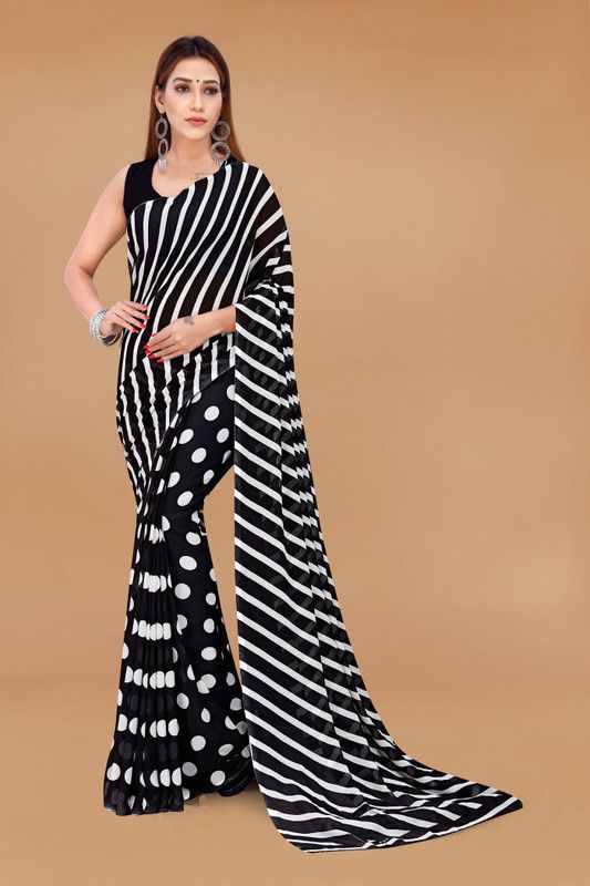 Daily Wear Georgette Saree  (Black, White)
