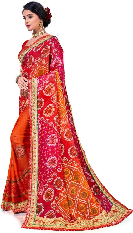 Embellished Bandhani Chiffon Saree  (Orange)