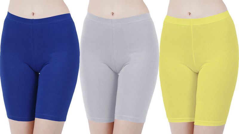 Pack of 3 Solid Women Blue, Grey, Yellow Cycling Shorts