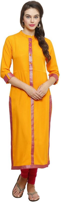 Women Woven Design Crepe Straight Kurta  (Orange)