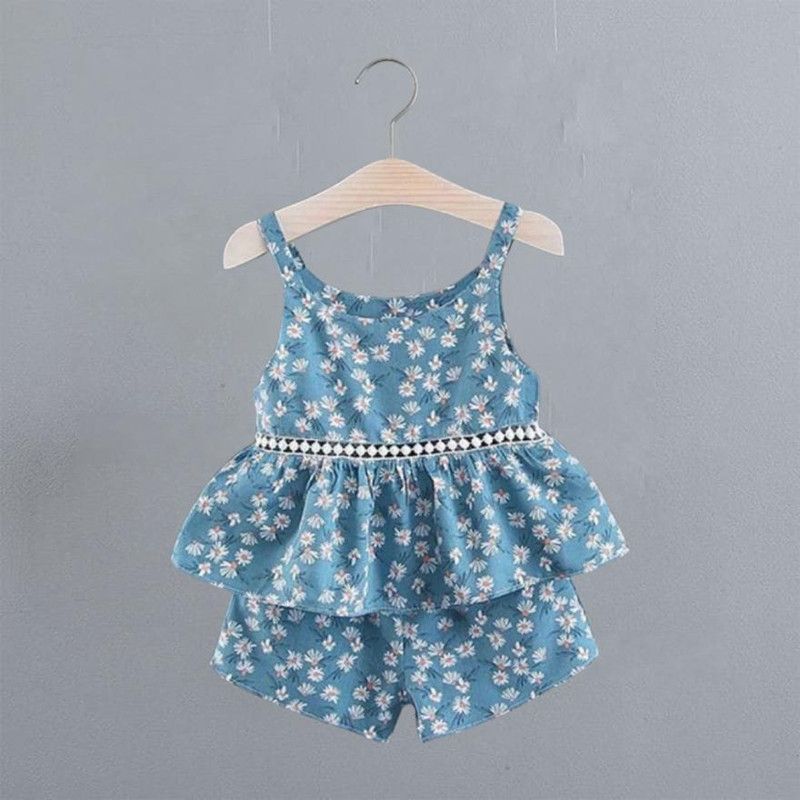 Girls Casual Top Shorts  (Light Blue)