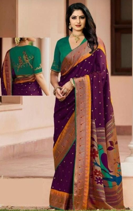 Digital Print Paithani Brasso Saree  (Purple)