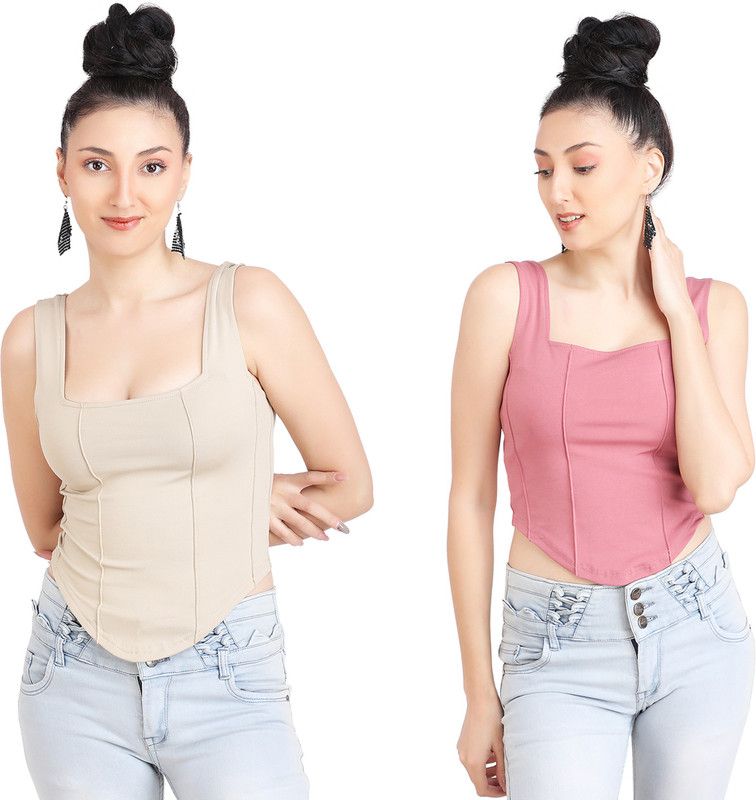 Casual Sleeveless Solid Women Pink, Beige Top