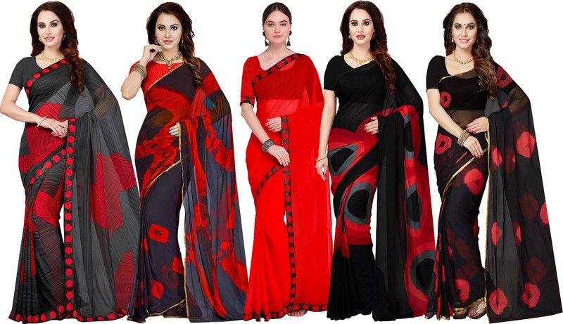 Printed Daily Wear Georgette Saree  (Pack of 5, Black)