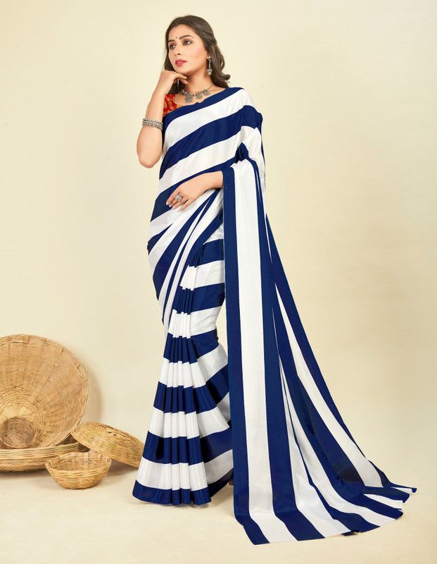 Striped Daily Wear Silk Blend Saree  (Dark Blue, White)