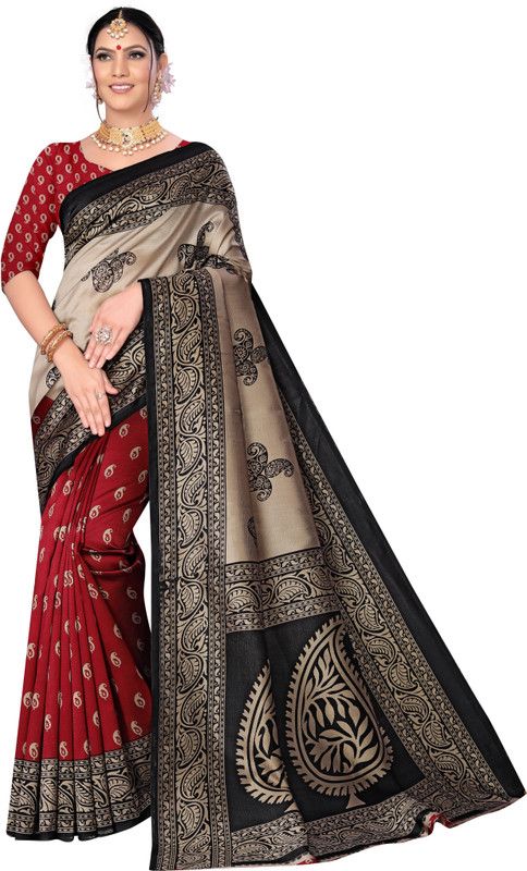 Printed Mysore Art Silk Saree  (Beige, Black)