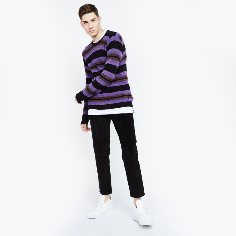 Men Striped Round Neck Purple Sweater