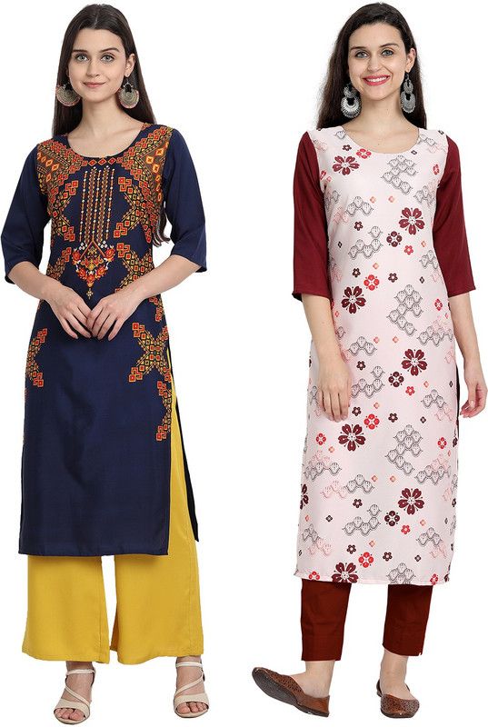Women Printed Kurta  (Blue, Pink)